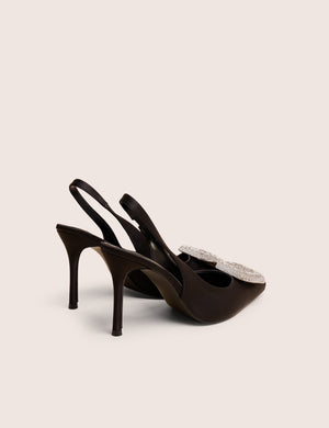 Floss Black Satin Diamante Embellished Sling Back Court Heels