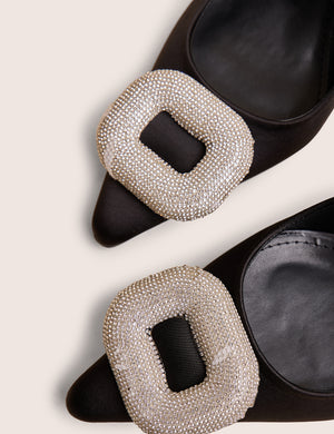 Floss Black Satin Diamante Embellished Sling Back Court Heels