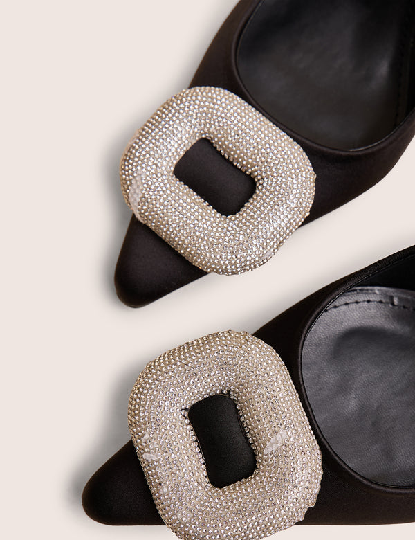 Floss Black Satin Diamante Embellished Sling Back Court Heels