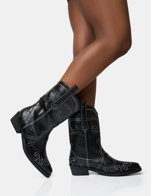 Folklore Black Embroidered Flat Western Ankle Boots
