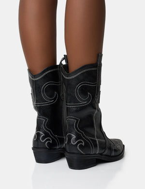 Folklore Black Embroidered Flat Western Ankle Boots