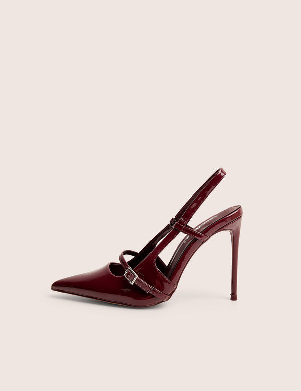 Forget Me Not Burgundy Embellished Buckle Detail Sling Back Court Heels