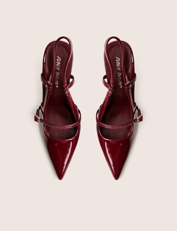 Forget Me Not Burgundy Embellished Buckle Detail Sling Back Court Heels