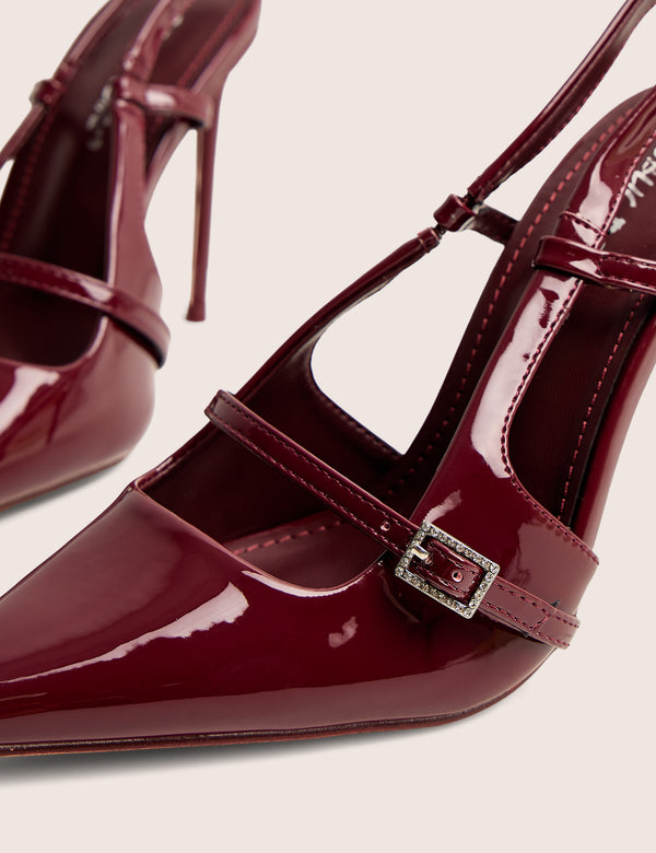 Forget Me Not Burgundy Embellished Buckle Detail Sling Back Court Heels