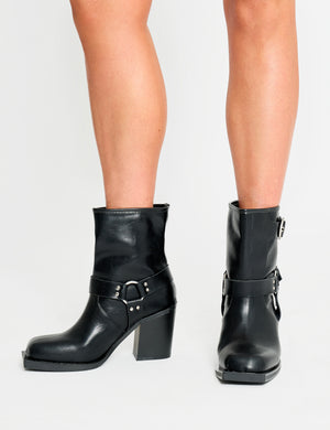 Freak Black Wide Fit Buckle Detail Square Toe Ankle Boots