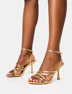 Free Spirit Gold Strappy Round Toe Mid Heels