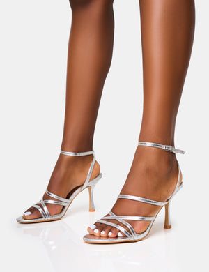 Free Spirit Silver Strappy Round Toe Mid Heels