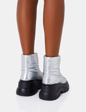 Frostbite Metallic Silver Nylon Quilted Chunky Sole Ankle Boots