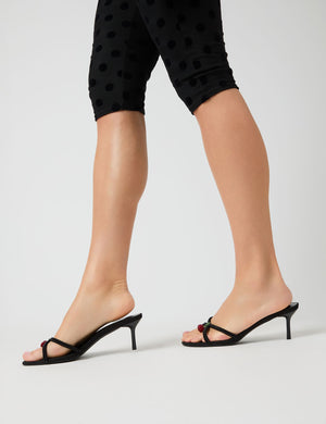 Fructose Black Satin Beaded Cherry Charm Cross Over Mule Mid Heels
