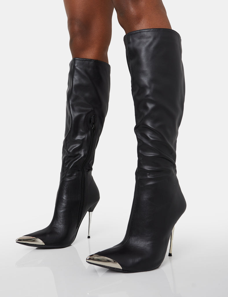 Finery Black Pu Metal Toe Capped Zip Up Knee High Stiletto Boots ...