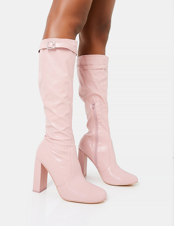 First Class Pink First Class Dusty Pink Pu Diamante Buckle Strap Detail Rounded Toe Knee ...