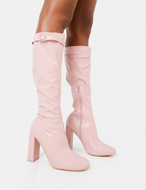 First Class Dusty Pink Buckle Strap Knee High Block Heeled Boots