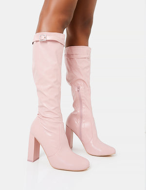 First Class Dusty Pink Pu Diamante Buckle Strap Detail Rounded Toe Knee High Block Heeled Boots