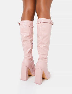 First Class Dusty Pink Buckle Strap Knee High Block Heeled Boots