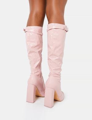 First Class Dusty Pink Pu Diamante Buckle Strap Detail Rounded Toe Knee High Block Heeled Boots