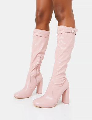 First Class Dusty Pink Buckle Strap Knee High Block Heeled Boots