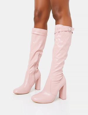 First Class Dusty Pink Pu Diamante Buckle Strap Detail Rounded Toe Knee High Block Heeled Boots