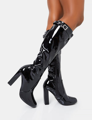 First Class Black Patent Diamante Buckle Strap Detail Rounded Toe Knee High Block Heeled Boots