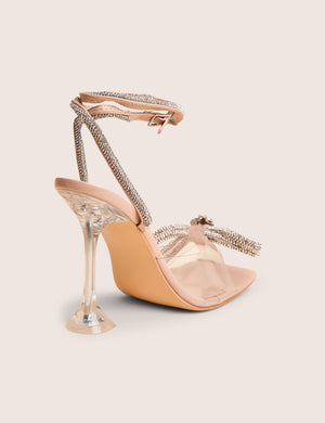 Glimmer Nude Wrap Around Diamante Bow Square Toe Heels