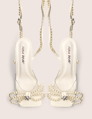Glimmer White Wrap Around Pearl Detail Bow Square Toe Cake Stand Heels