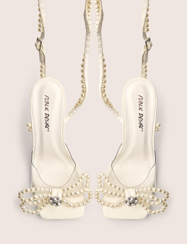 Glimmer White Wrap Around Pearl Detail Bow Square Toe Cake Stand Heels