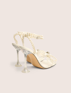 Glimmer White Wrap Around Pearl Detail Bow Square Toe Cake Stand Heels