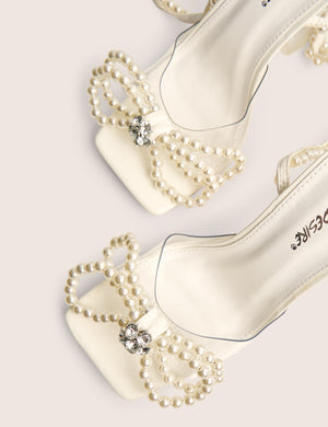 Glimmer White Wrap Around Pearl Detail Bow Square Toe Cake Stand Heels