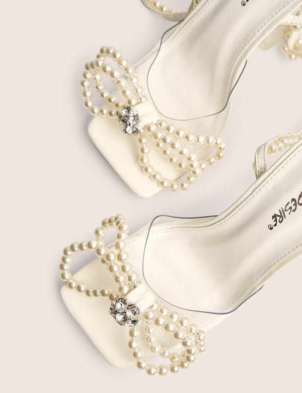 Glimmer White Wide Fit Wrap Around Pearl Square Toe Cake Stand Heels
