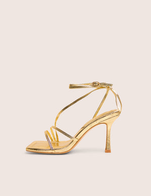 Clover Gold Metallic Square Toe Wrap Around Mid Heels