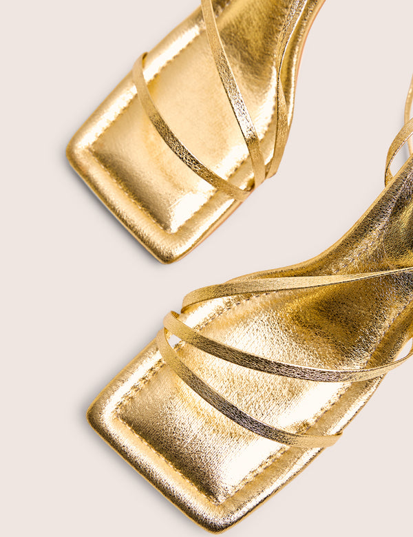 Clover Gold Metallic Square Toe Wrap Around Mid Heels