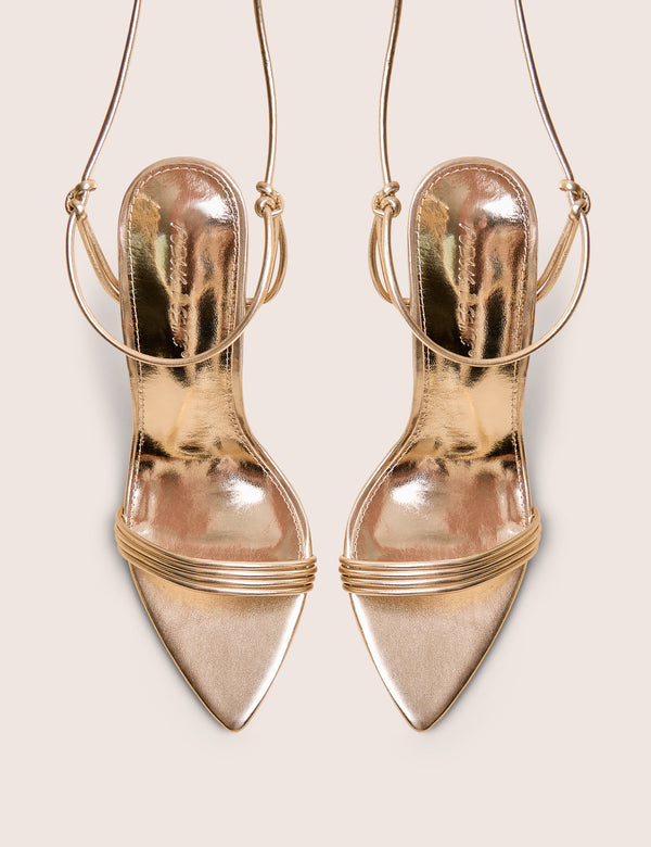 Merlot Metallic Gold Lace Up Wrap Around Pointed Toe Stiletto Heels