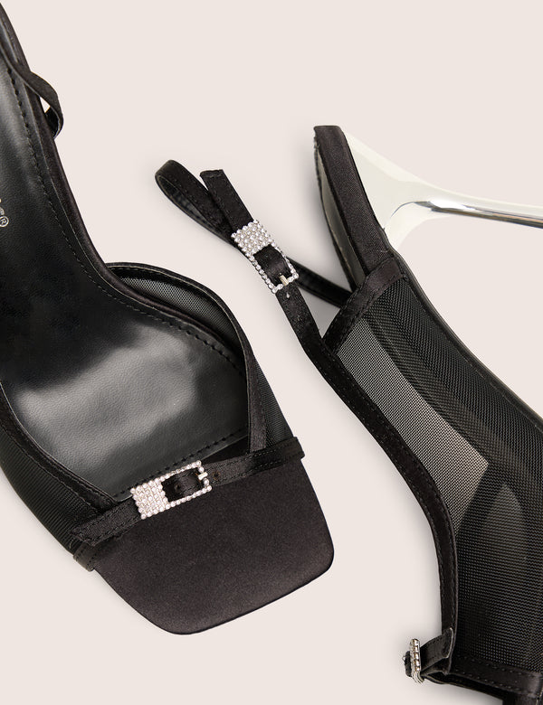 Grattitude Black Strappy Square Toe Stiletto Heels