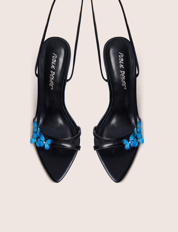 Hallie Black Butterfly Embellishment Ankle Tie High Heels