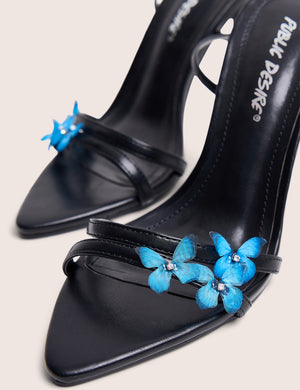 Hallie Black Butterfly Embellishment Ankle Tie High Heels
