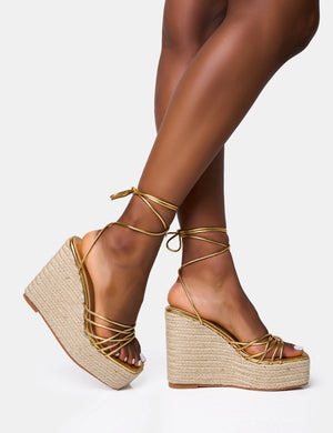Heated Gold Strappy Lace Up Jute Wedges
