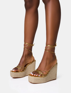 Heated Gold Strappy Lace Up Jute Wedges