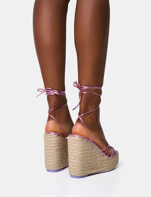 Heated Pink Wide Fit Strappy Lace Up Jute Wedges