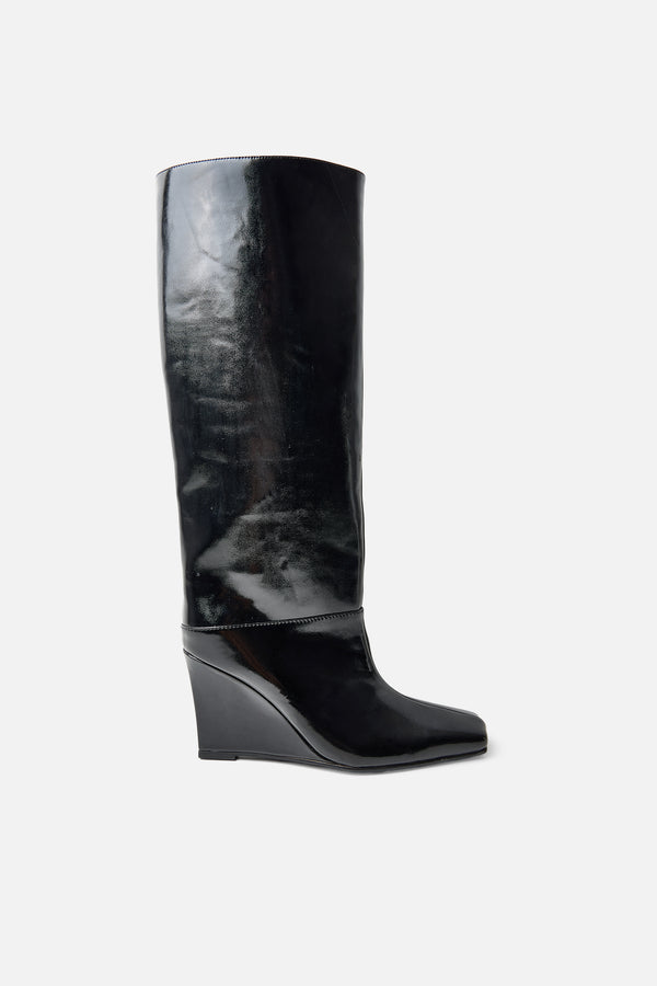 Helena Black Wedge Pointed Knee High Boots