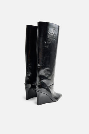 Helena Black Wedge Pointed Knee High Boots