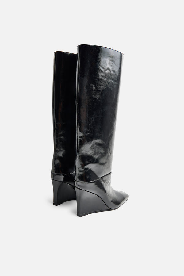 Helena Black Wedge Pointed Knee High Boots