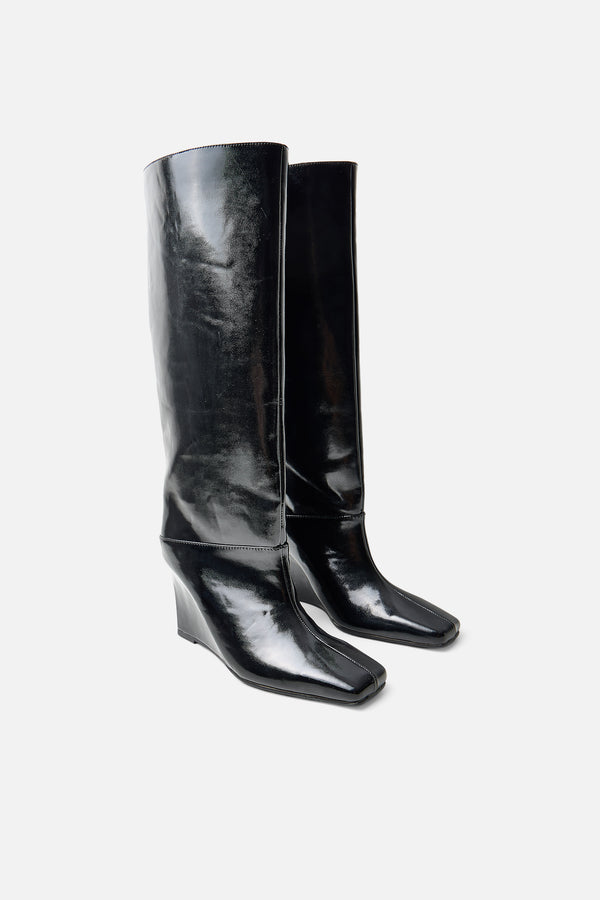 Helena Black Wedge Pointed Knee High Boots