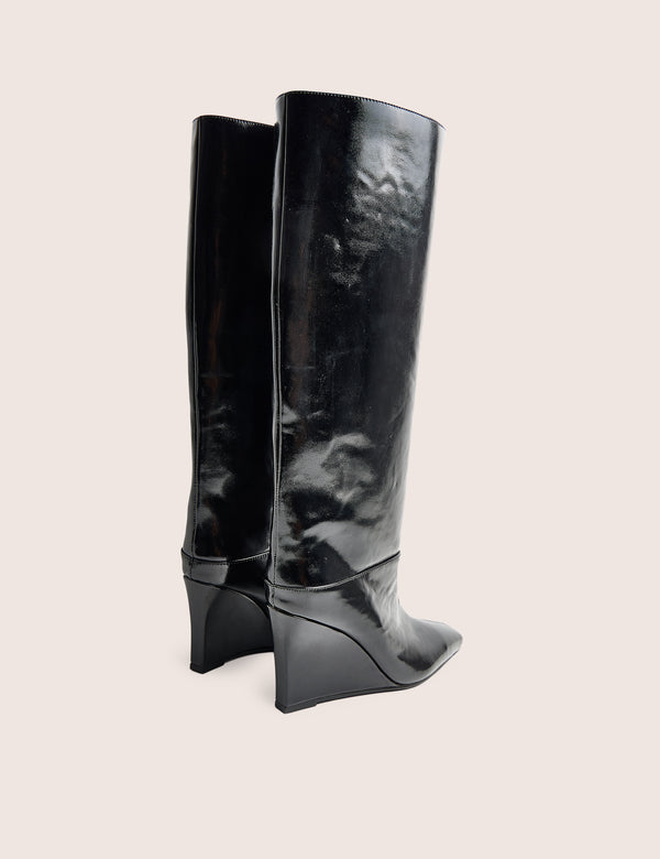 Helena Black Wedge Pointed Knee High Boots