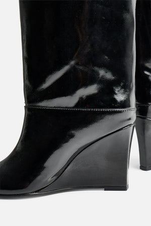 Helena Black Wedge Pointed Knee High Boots