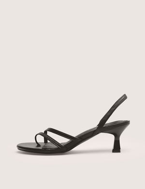 Helios Black Pu Asymmetric Toe Strap Sling Back Mid Heels