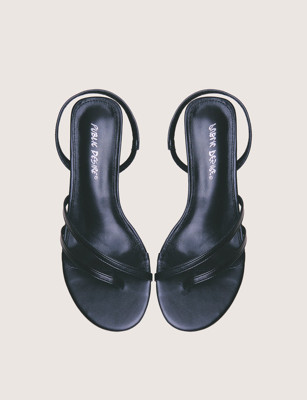 Helios Black Pu Asymmetric Toe Strap Sling Back Mid Heels