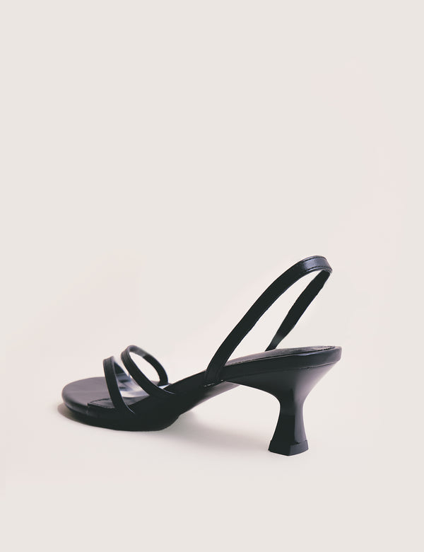 Helios Black Pu Asymmetric Toe Strap Sling Back Mid Heels