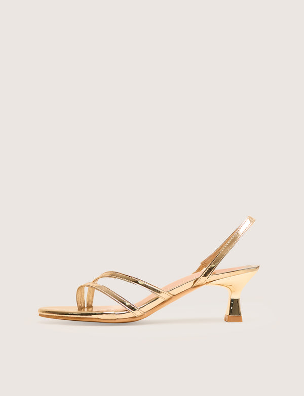 Helios Gold Mirror Pu Asymmetric Toe Strap Sling Back Mid Heels