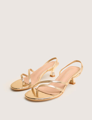 Helios Gold Mirror Pu Asymmetric Toe Strap Sling Back Mid Heels