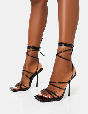 Holly Black Patent Strappy Tie Up Square Toe Stiletto Heels