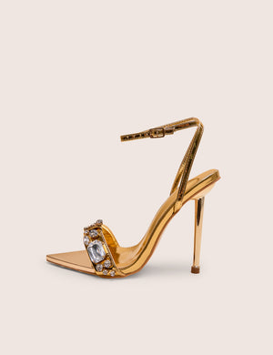 Icicle Wide Fit Gold Metallic Patent Extreme Jeweled Ankle Strap Pointed Toe Stiletto Heels